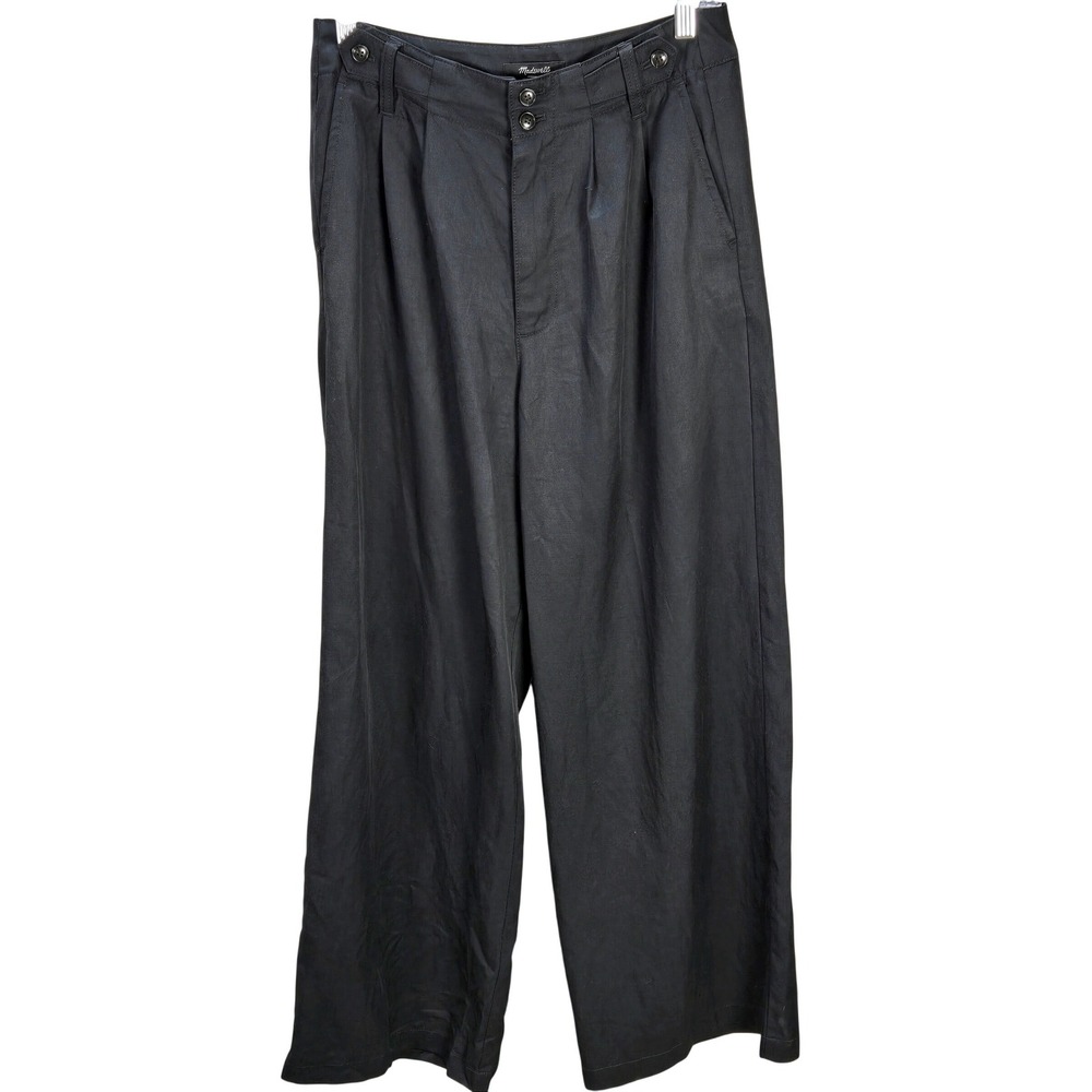 Women's Madewell 4 Black Pleated Wide-Leg Linen Blend Trousers Pants Minimalist